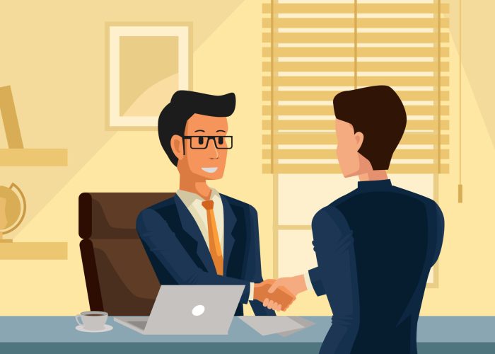 Two businessman meeting at office and handshake to make agreement contract deal project partnership project